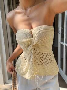 Flirla Women Solid Color Twist Cut-Out Bandeau Knitted Crop Top
