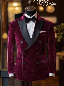 Manfinity AFTRDRK Men's Autumn Two-Tone Lapel Double-Breasted Elegant Suit Jacket - Burgundy - View 1