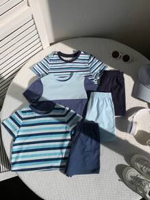 SHEIN Leap Crew 6pcs/Set Baby Boy & Girl Summer Casual Versatile Knit Patchwork Short Sleeve T-Shirt & Shorts Sets, Suitable For Spring/Summer Indoor & Outdoor Wear - Blue - View 5