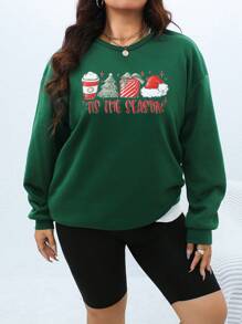 SHEIN LUNE Plus Size Christmas Themed Print Crew Neck Long Sleeve Sweatshirt - Dark Green - View 5