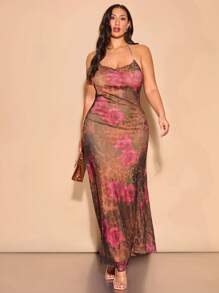 SHEIN BAE Plus Size Elegant Floral Maxi Dress: Sheer Mesh Brown And Pink Rose Print With Spaghetti Straps - Brown - View 4