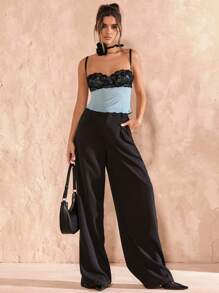 SHEIN BAE 女士对比色蕾丝吊带背心 - 棕色 - 查看 3