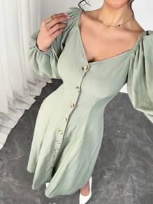 Modelyn 女士优雅法式灯笼袖收腰连衣裙 - 綠色 - 查看 6