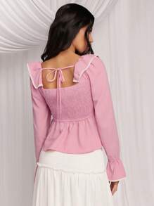 COSMINA Women's Elegant Pink And White Ruffled Collar Blouse, Suitable For Spring And Summer - Pink - View 5