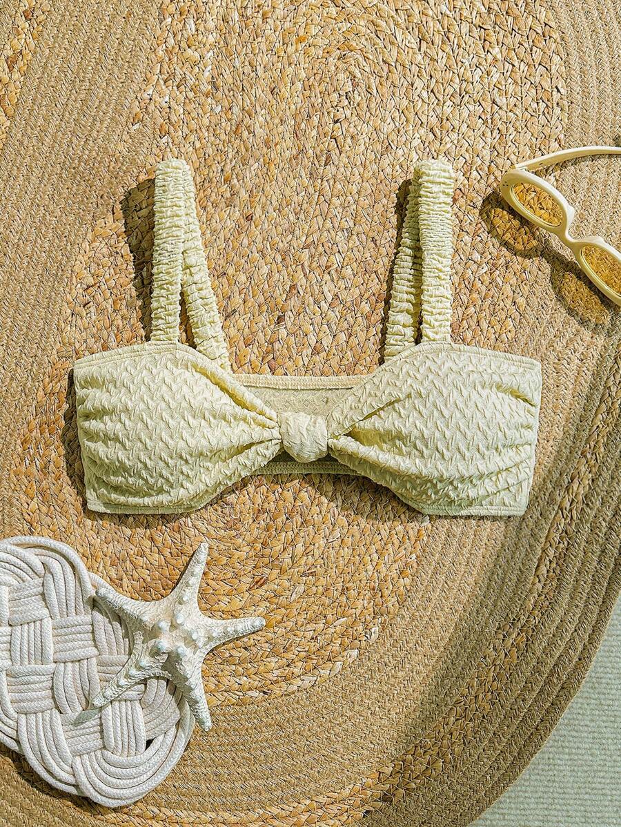 SHEIN Swim Women's Ruffle Twisted Texture Bikini Top, For Summer Beach Vacation - Apricot - View 1