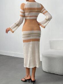 Vestido de punto calado con puños abombados de rayas de contraste - Albaricoque - Ver 2