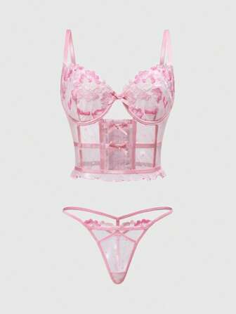 Kawaii Frühlings Blumen Stickerei elegantes Spitzen-Unterbüstenhalter-Set für Frauen