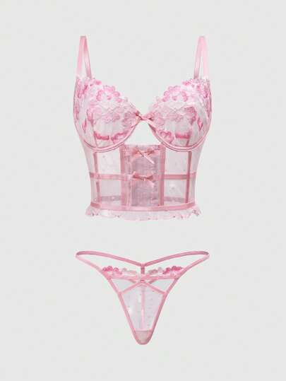 Kawaii Spring Floral Embroidery Elegant Lace Underwire Bra Set For Women