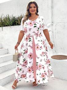 SHEIN CURVE+ 大码女式夏季粉色印花短袖假日长裙，适合派对、婚礼和度假