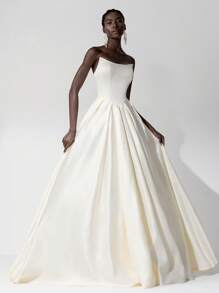 SHEIN Belle Women Elegant Romantic Satin Strapless Maxi Dress With Adjustable Cross-Back Tie, Wedding Guest Dress, Suitable For Party, Formal Dinner Or Date Night, Evening Dress, Gown, For Valentine's Day - Apricot - View 4