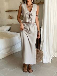 DAZY 2pcs Beach Holiday V-Neck Tied Drawstring Tank Top & Pants Set For Women - Grey - View 2