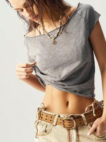 Bohemela Women's Solid Color Crew Neck Fitted Washed T-Shirt - Dark Grey - View 2