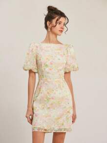 Aveloria Rosie Colorful Tie Dye Jacquard Special Fabric Vintage Romantic Elegant Wedding Season Puff Sleeve Floral Bodycon Mini Dress For Women All Over Print For Summer
