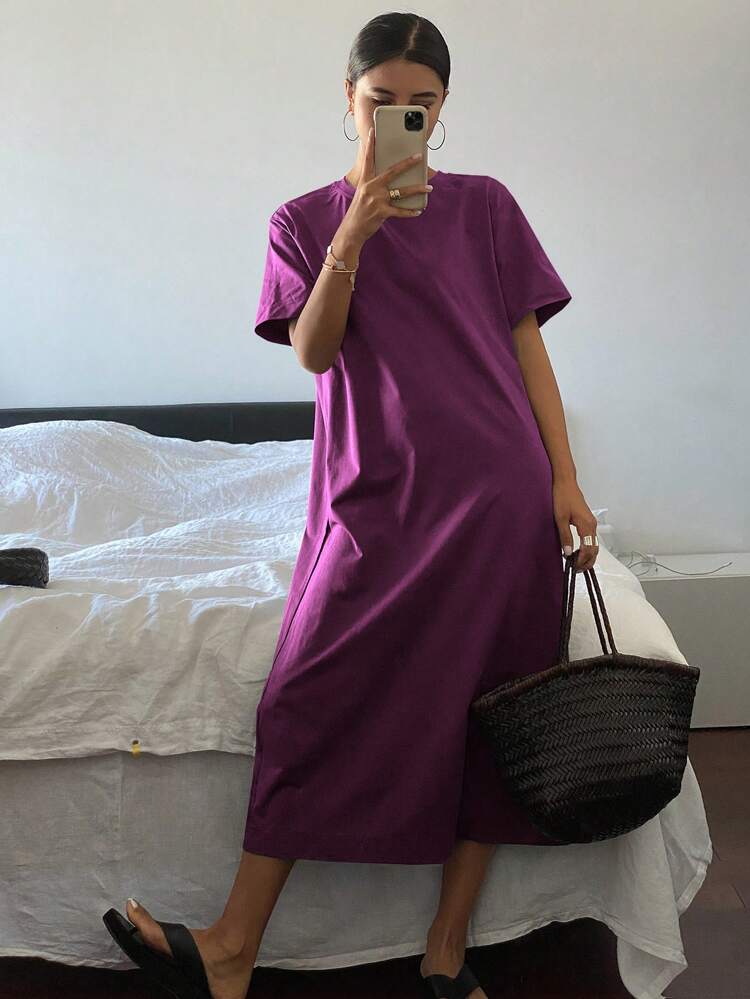 Straight Cut Solid Color Casual Loose Short Sleeve Dress For Women Sundress