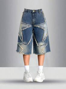 SHEIN Teen Girls Y2K Star Denim Effect Capri Boyfriend Low Rise Jeans Shorts, Casual & Fashionable For Everyday Wear,School,Streetwear,Girls Spring Summer Outfits - Medium Wash - View 3