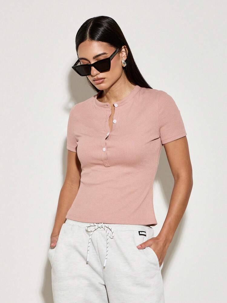 Slim Fit Ribbed Henley Pearl Button T-Shirt
