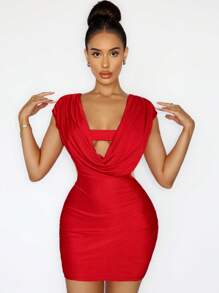 Zolique 女士无袖优雅低胸迷你连衣裙 - 紅色 - 查看 1