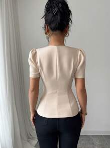 Elenzga 女士方领泡泡袖修身优雅复古衬衫 - 杏色 - 查看 2