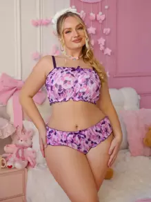 PetitDoll 2pcs/Set Plus Size Mesh Printed Wireless Lingerie Bra & Panty Set - Multicolor - View 1