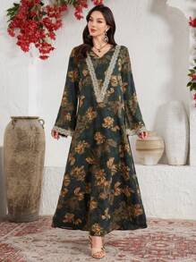 Al Najma 优雅花卉印花蕾丝花边喇叭袖阿拉伯连衣裙，阿拉伯连衣裙，端庄 - 綠色 - 查看 4