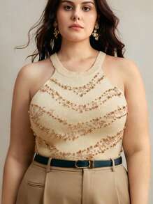 Anewsta 圆领奢华金色珍珠装饰贴身针织背心，女士夏季服装 - 杏色 - 查看 6