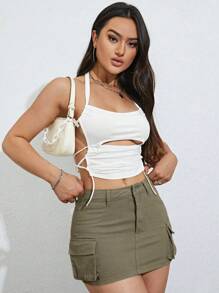 SHEIN ICON Flap Pocket Side Cargo Denim Skirt - Army Green - View 5