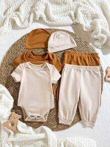 Loomiva Newborn Baby 6pcs Set: Knit Soft Round Neck Short Sleeve Bodysuit, Long Pants, Hat - Apricot - View 3