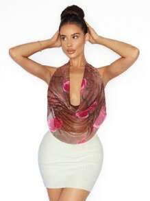 Zolique Women's Fashion Sexy Animal Print Flower Pattern Plunging Neck Backless Halter Top - Multicolor - View 5