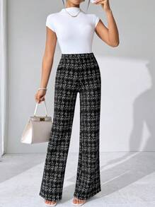 SHEIN Tall CURVE Plus Size Summer Elegant Women's Plaid Printed Elastic Knitted Pants, Suitable For Various Occasions, Suitable For Summer Vacation, Elegant Travel, And Daily Commuting,Business Casual Woman