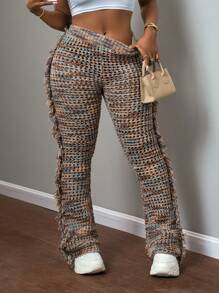 Slaydiva 2024 新款秋冬女式长流苏针织喇叭裤，休闲街头时尚风格 - E - 棕色 - 查看 6