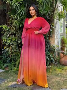 SHEIN SXY Robe ombré en mousseline de soie pour grandes tailles avec fente haute, robe ample à manches longues pour vacances à la plage