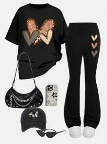 SHEIN Girlism 2pcs/Set Tween Girls Leopard & Heart Print Casual Minimalist Short Sleeve Top & Pants Set, Suitable For Summer - Black - View 4