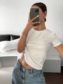 Siren Gaze Women's Embroidery Round Neck Short Sleeve Casual T-Shirt, Simple, Work, Textured Fabric, Round Neck Simple T-Shirt, Good Rebound And Good Breathability, White Top, Suitable For Commuting And Daily Wear, Spring/Summer