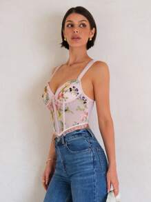 SHEIN BAE Women's Embroidered Lace Fungus Sexy Collar Wide Strap Herringbone Bra For Music Festival, Women's Corset, Carnival Costume Festival, Carnival Costume, Gyaru, Saint Patrick - Pink - View 3