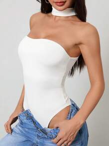 SHEIN PETITE Women's Solid Color Halter Neck Casual Bodysuit - White - View 6
