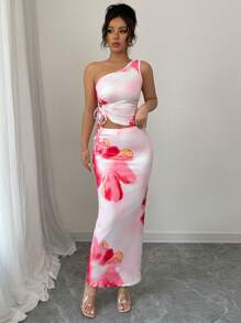 Elenzga 2pcs/Set Floral Print Shoulder Top & Hollowed Waist Skirt