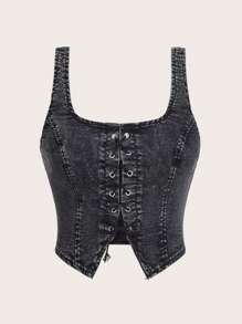 SHEIN MOD Canotta denim con taglio strappato e cinturini incrociati, taglie forti