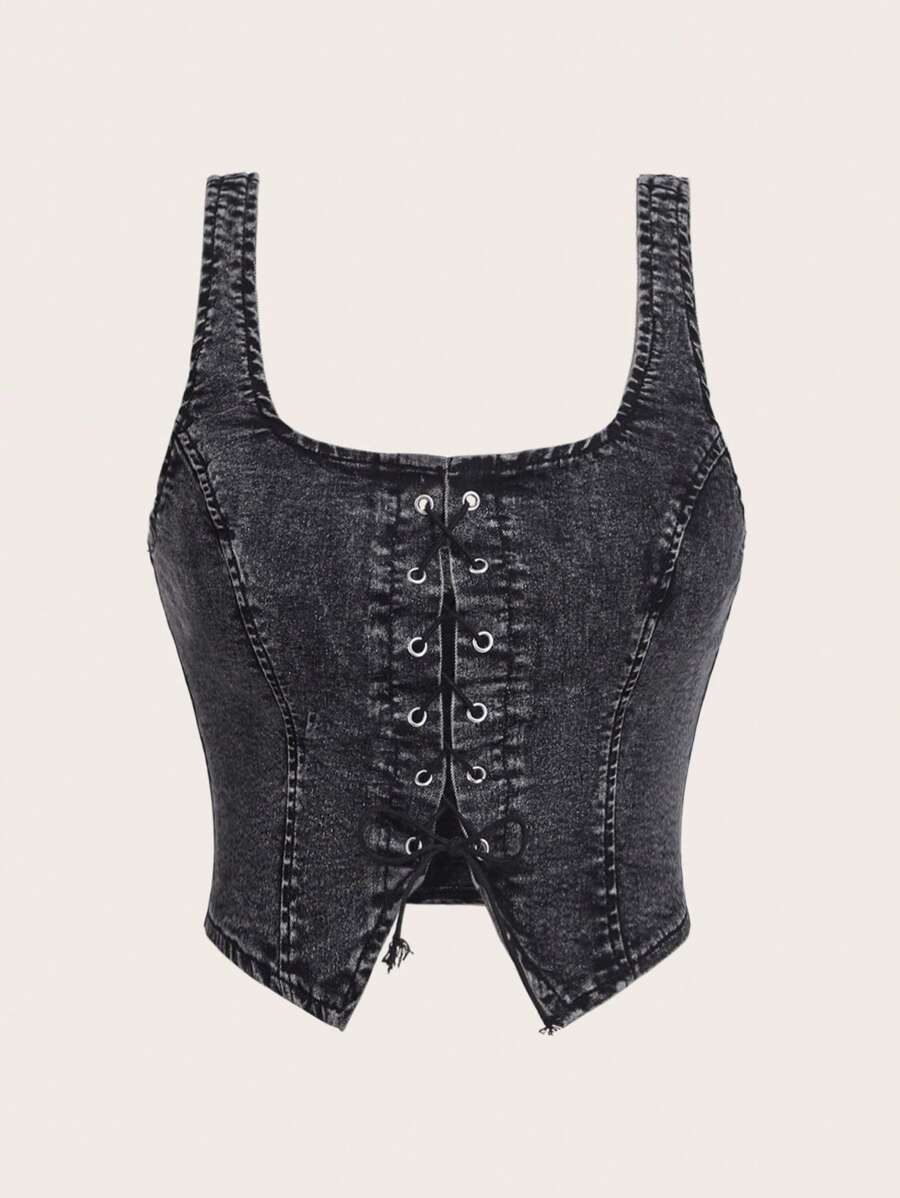 SHEIN MOD Canotta denim con taglio strappato e cinturini incrociati, taglie forti