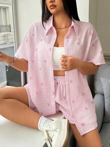 Comfortcana Plus Size Women Beach Vacation, Brunch Outfits For Women, Lounge, Casual Collared Short Sleeve Shirt & Elastic Waist Shorts 2 Pieces Set, Cute, Pink & White Summer, Spring Outfits For Women,Holiday Outfits