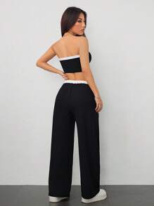 SHEIN PETITE Conjunto de dos piezas para mujer de verano: top tubo sexy de bloques de color + pantalones de cintura alta con cordones