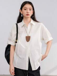 Dazy-Less 女士简约扭纹纽扣宽松休闲短袖衬衫商务休闲女装 - 白色 - 查看 9