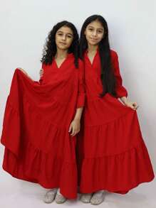 SHEIN Tween Girls' Loose V-Neck Layered Textured Fabric 3/4 Sleeve A-Line Dress - Red - View 1