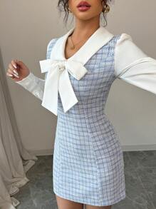 Elenzga Contrast Color Panel Bow Decor 2 In 1 Elegant & Romantic Women Dress Fall Cloth For Women - Blue - View 3