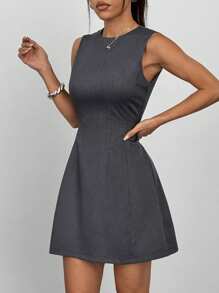 Chiquease Vestido corto clásico de cuello redondo sin mangas, ajustado, de color gris oscuro, elegante para ir al trabajo, fiestas, tomar el té por la tarde, vacaciones y volver al colegio, para primavera/verano