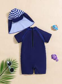 SHEIN Leap Crew 2pcs/Set Baby Boy Cartoon Whale Pattern Round Neck Short Sleeve Romper & Hat Set - Blue - View 2