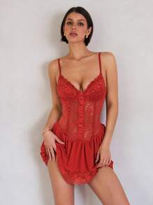 SHEIN BAE 女士春夏度假沙滩装优雅浪漫迷人性感红色蕾丝拼接鱼骨装饰束腰生日派对礼服迷你连衣裙，女士演唱会服装，春假礼服，狂欢节服装 - 紅色 - 查看 4