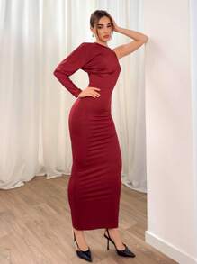 Aloruh Vestido rojo largo, recto y ajustado con mangas extra largas, asimétrico y con espalda descubierta, para mujer en primavera y verano, de estilo de vanguardia y sexy para vacaciones