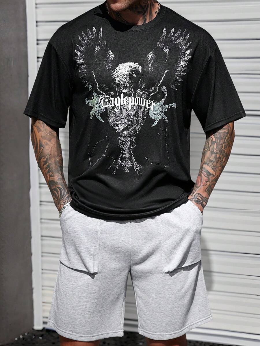 Manfinity LEGND Men's Letter & Eagle Print Round Neck Short Sleeve T-Shirt And Shorts Casual Outfit Set - Multicolor - View 1