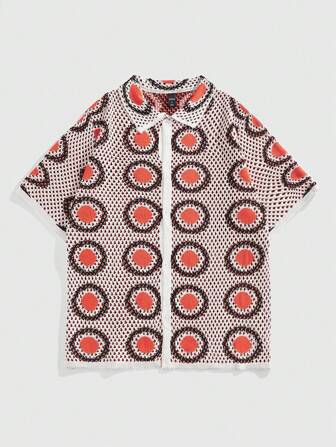 Street Life Pull court à manches courtes avec motif géométrique ajouré en jacquard, convient pour le port quotidien au printemps et en été