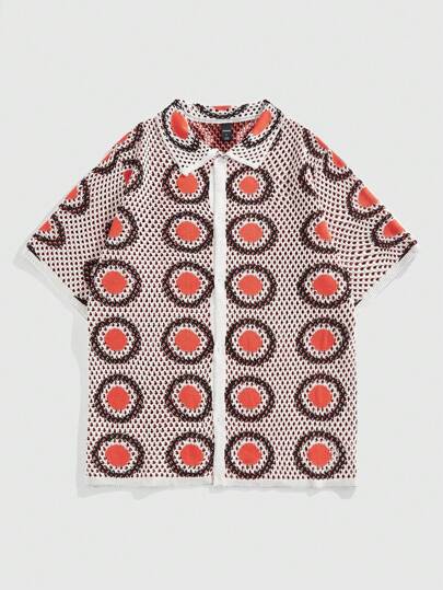 Street Life Maglione a maniche corte, con motivo geometrico e lavorazione jacquard a maglia traforata, adatto per l`uso quotidiano in primavera ed estate